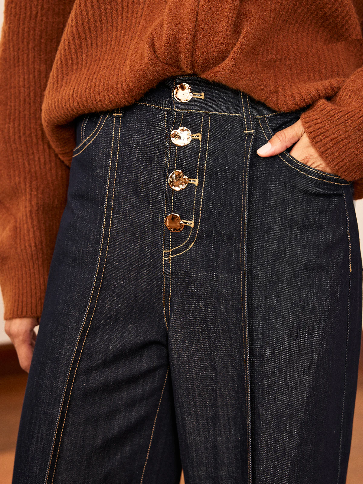 High-Waist Button Wide-Leg Denim Pants - Image 3