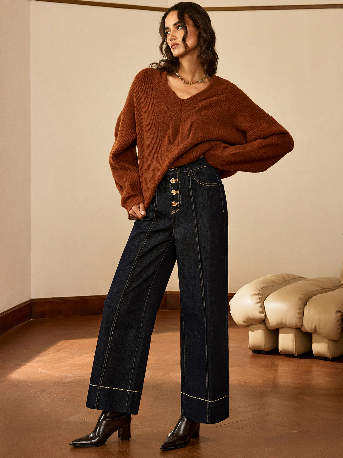 High-Waist Button Wide-Leg Denim Pants - Image 5