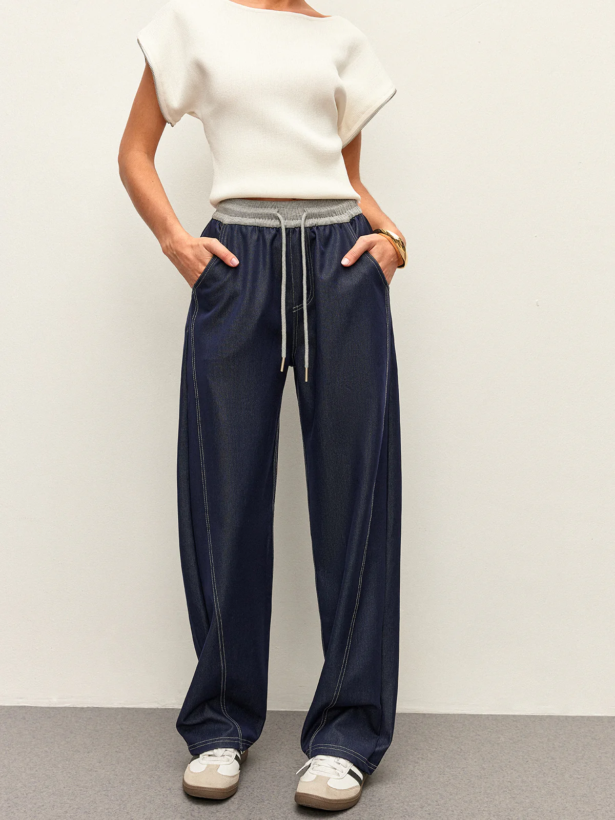 High-Waist Drawstring Denim Pants With Pockets - Image 4