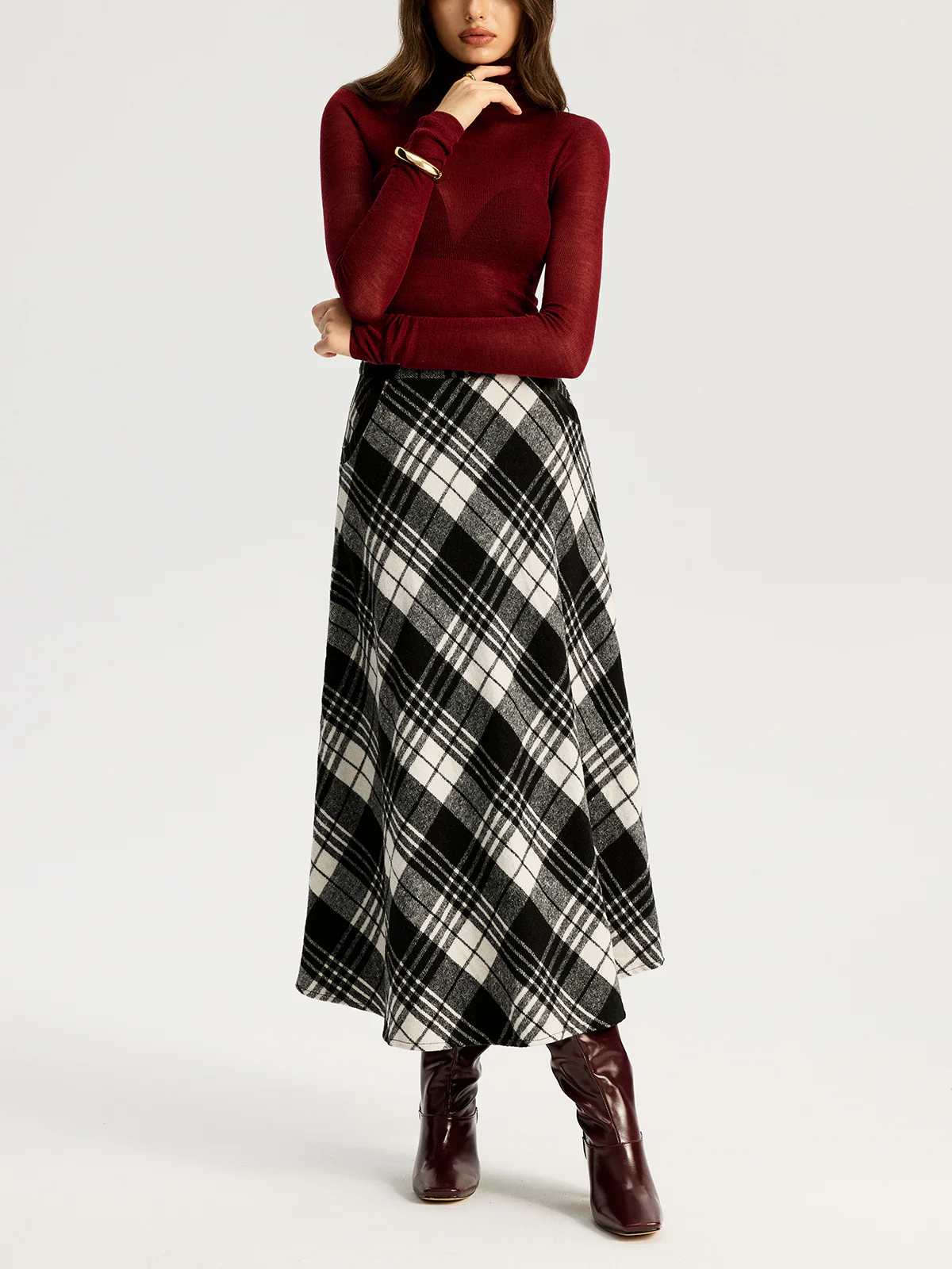 High Waist Line Flared Plaid Long Skirt - Image 3