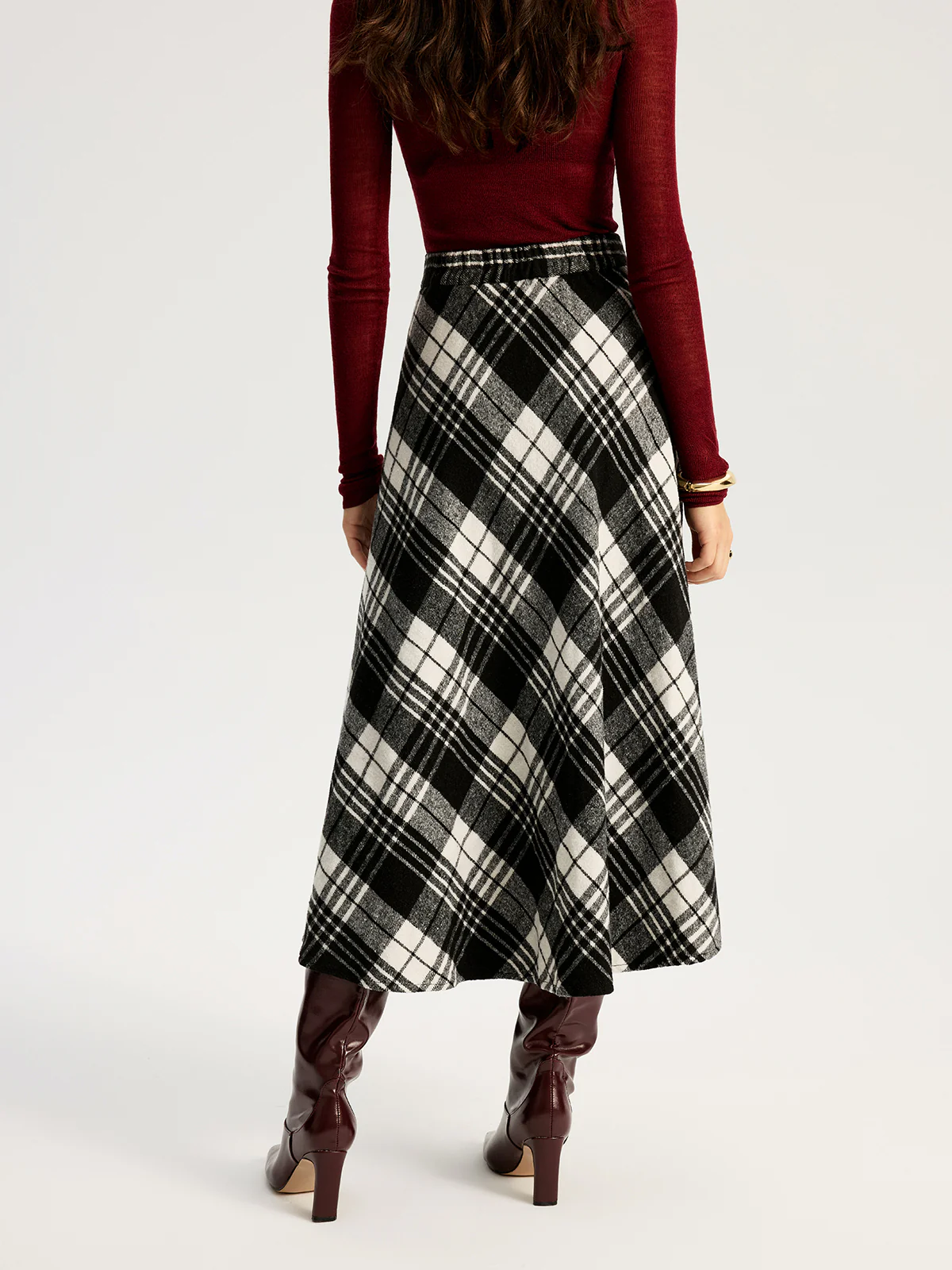 High Waist Line Flared Plaid Long Skirt - Image 5