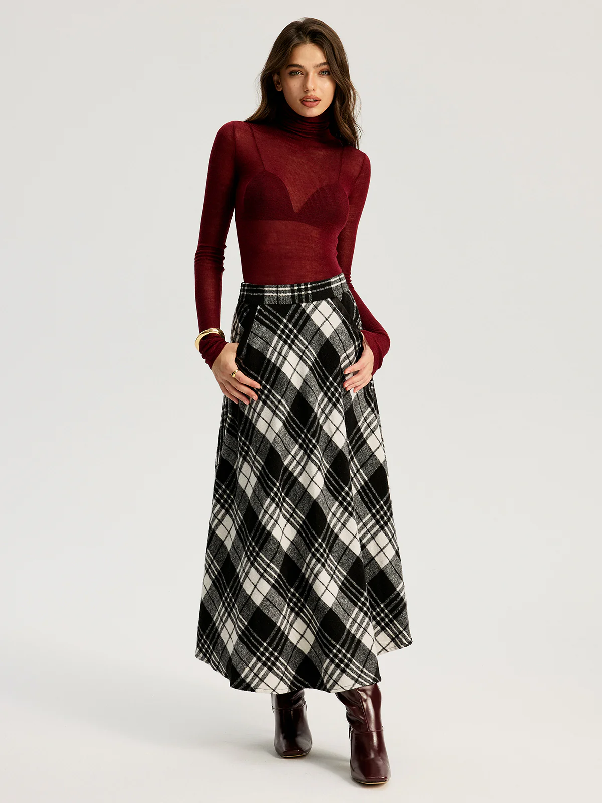 High Waist Line Flared Plaid Long Skirt - Image 6