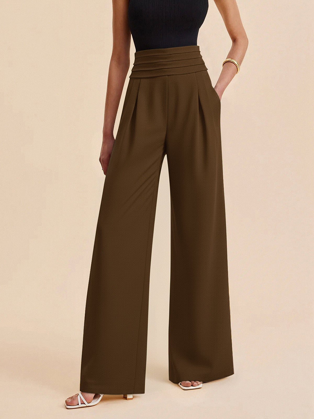 High-Waist Pleated-Waistband Wide-Leg Pants - Image 7