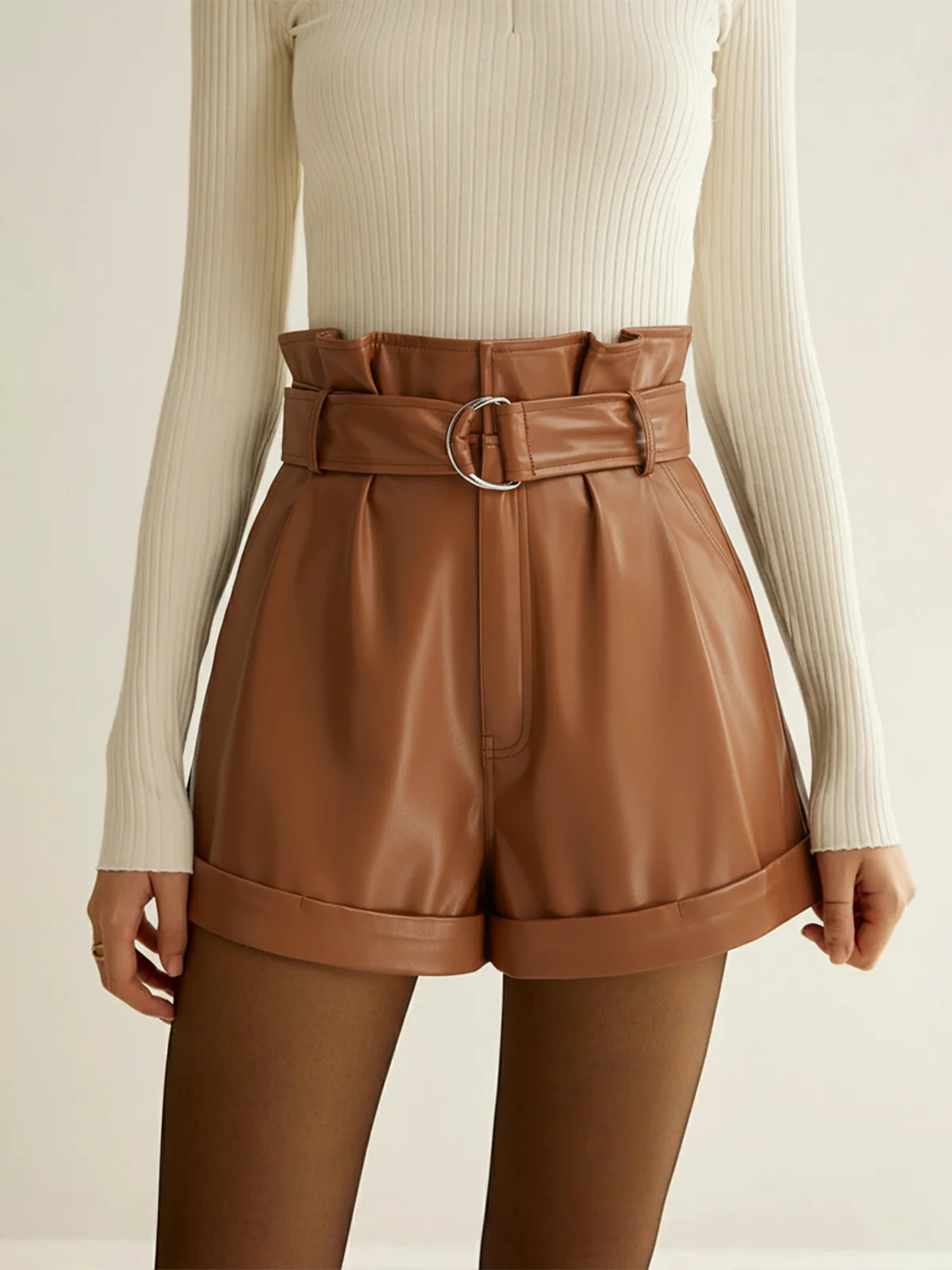 High-Waist PU Leather Cuffed Shorts with Belt - Image 3