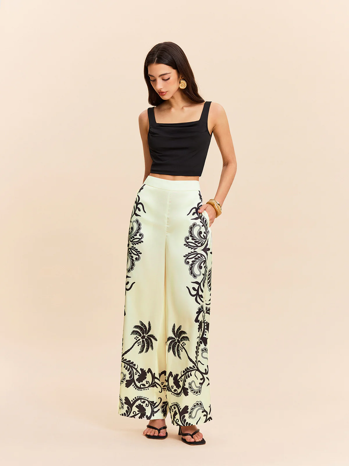High-Waist Tropical Print Satin Pants