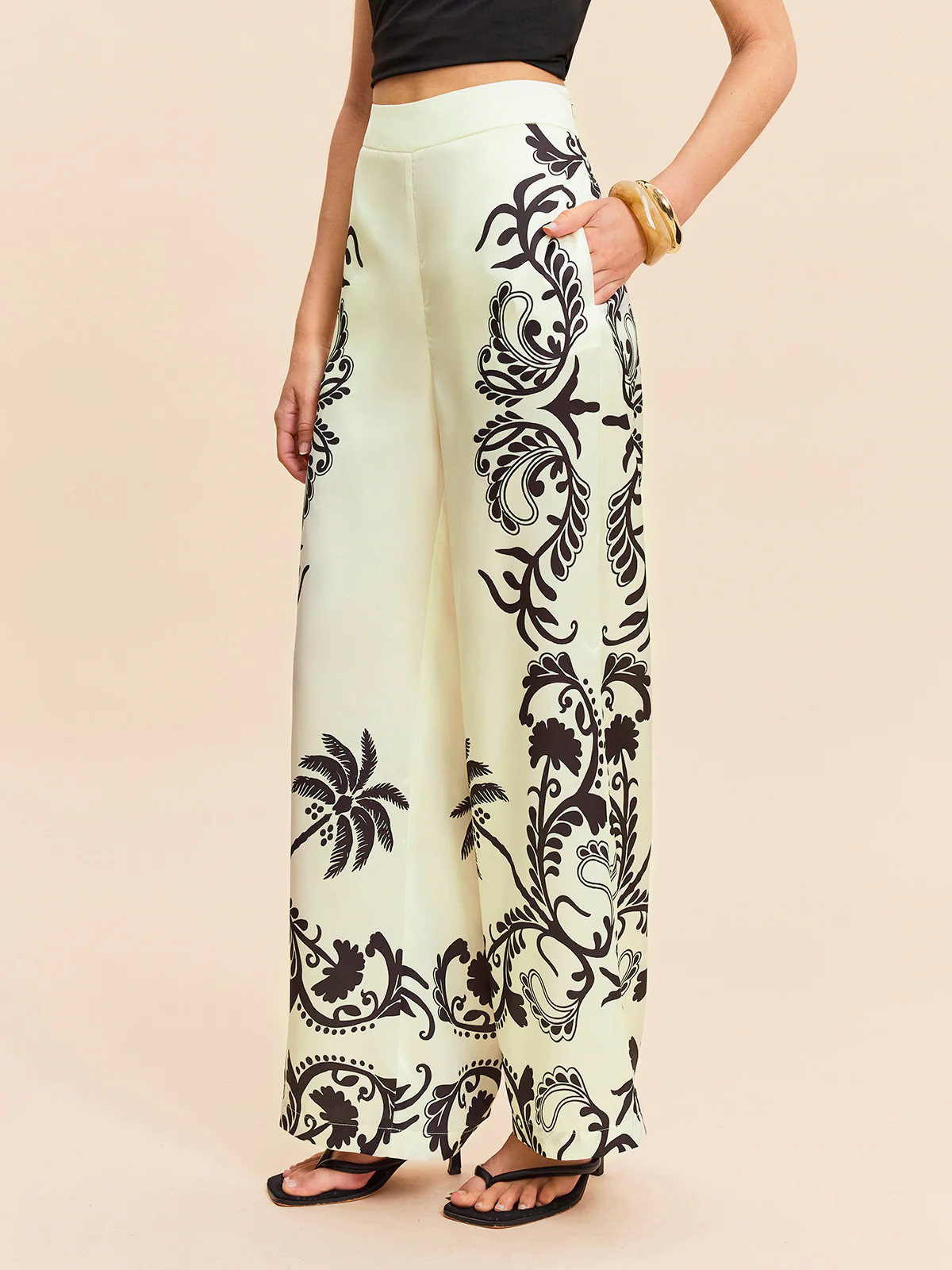 High-Waist Tropical Print Satin Pants - Image 6
