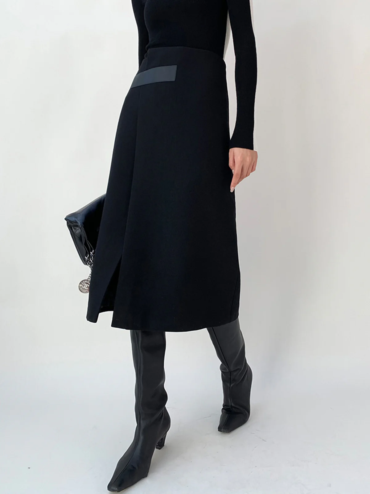 High Waist Tweed Asymmetric Wrap Midi Skirt - Image 4