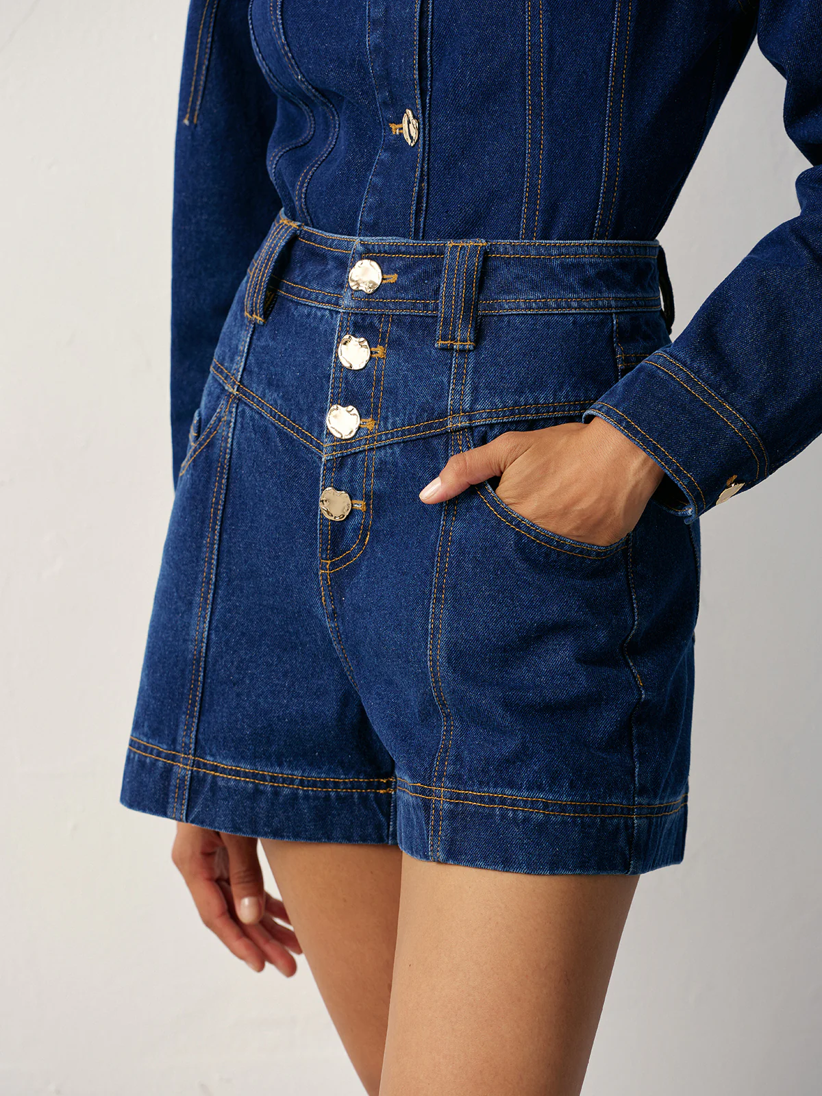 High-Waisted Button-Front Denim Short - Image 2
