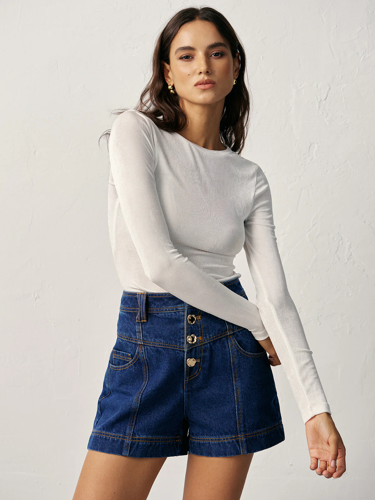 High-Waisted Button-Front Denim Short - Image 6