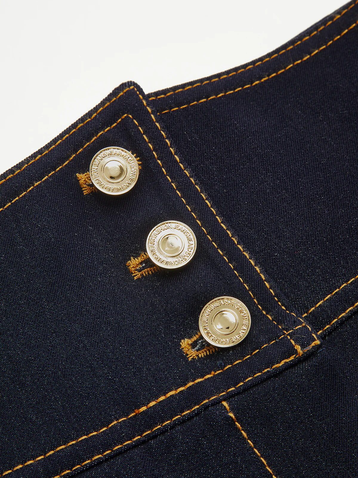 High-Waisted Metal Button Faux Denim Pants - Image 4