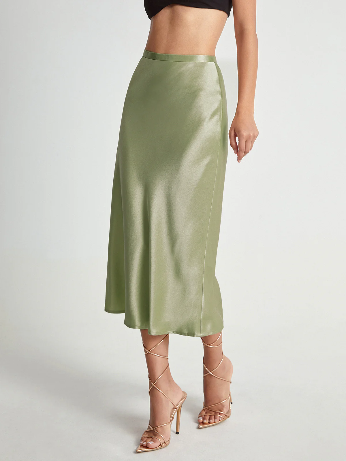 High Waisted Satin Flowy Midi Skirt - Image 4