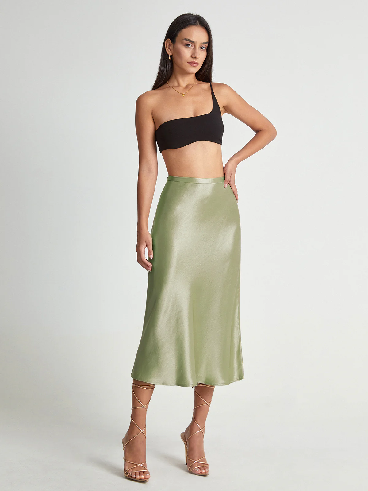 High Waisted Satin Flowy Midi Skirt - Image 5