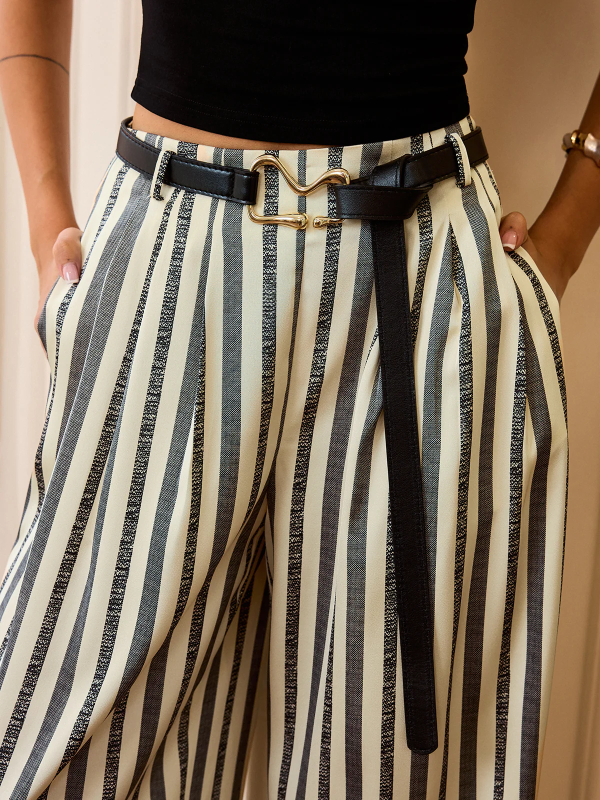 Mid-Waisted Striped Belted Pants - Image 2