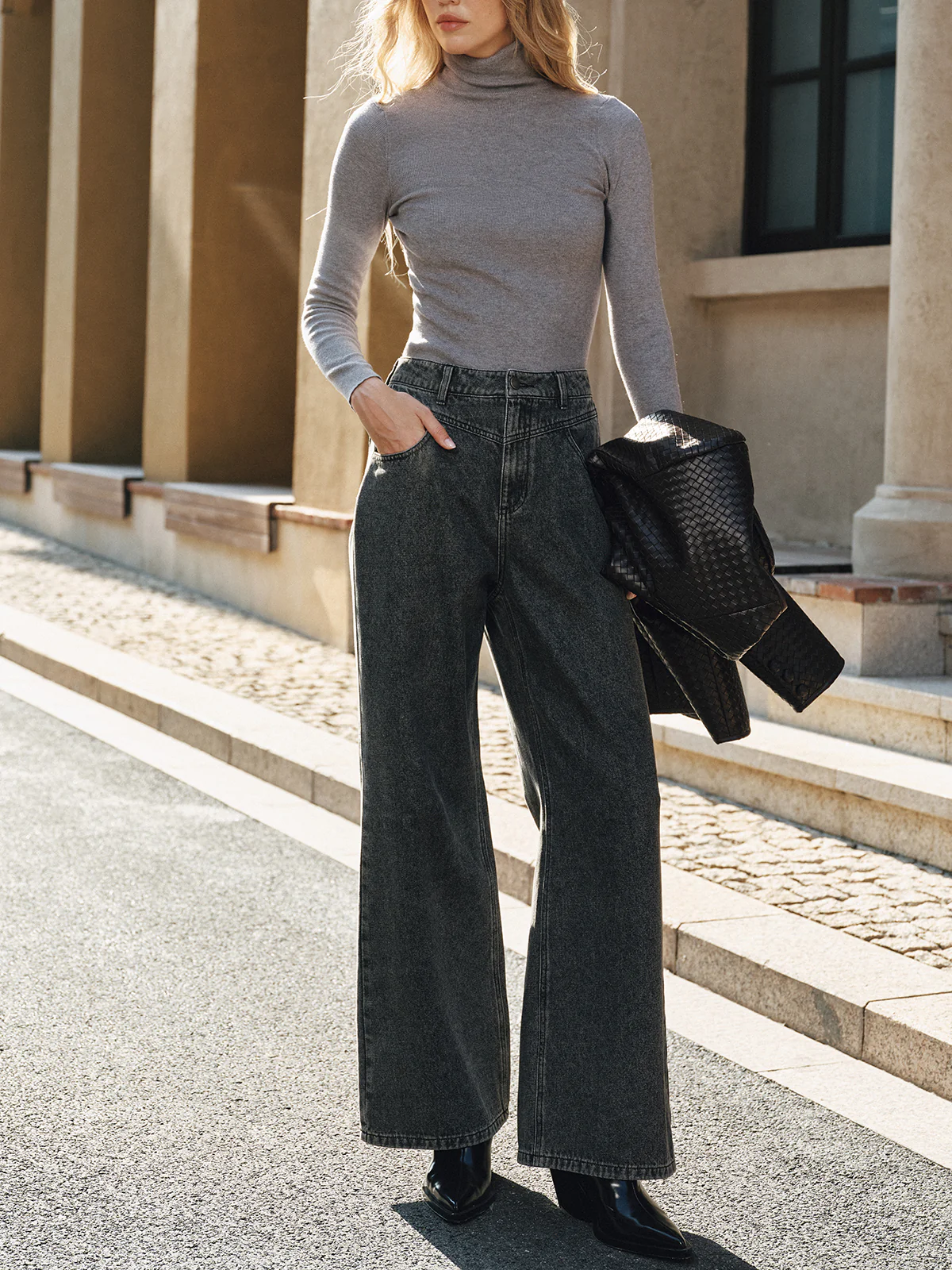 High-Waisted Washed Denim Pants - Image 2