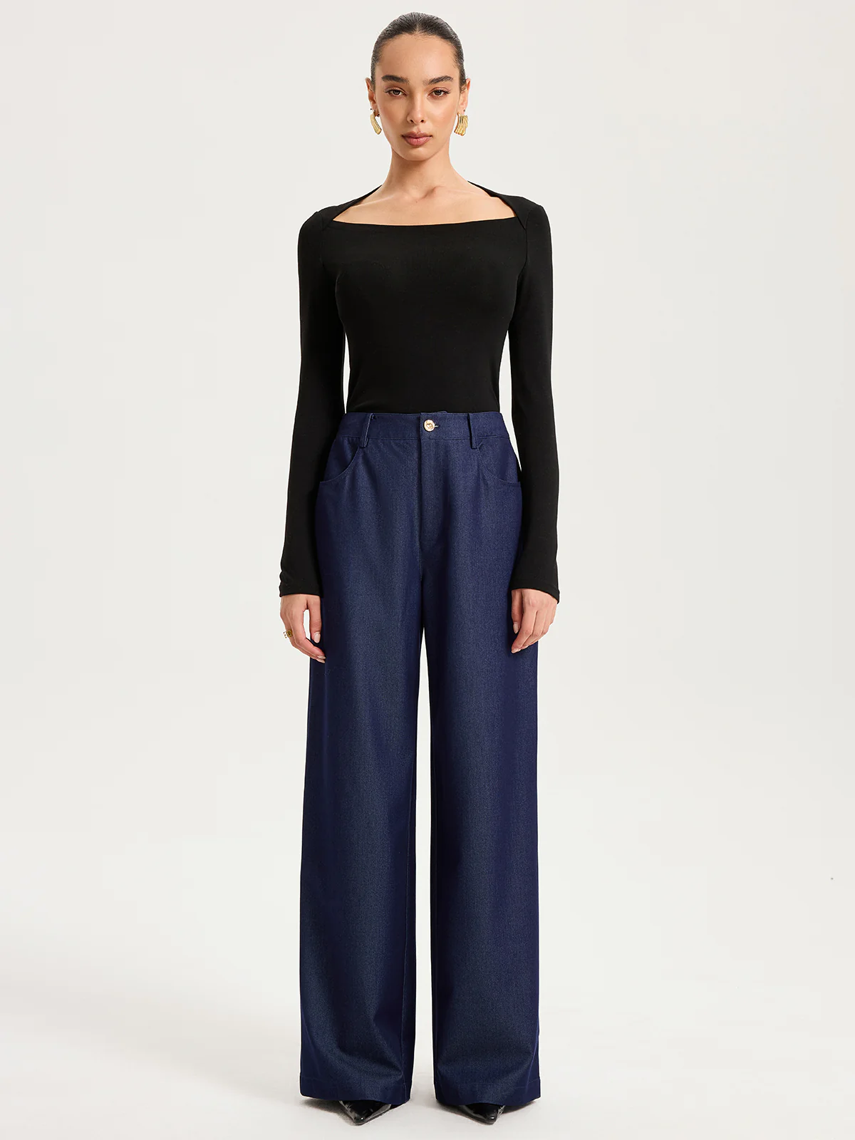 High-Waisted Wide-Leg Faux Denim Pants - Image 2