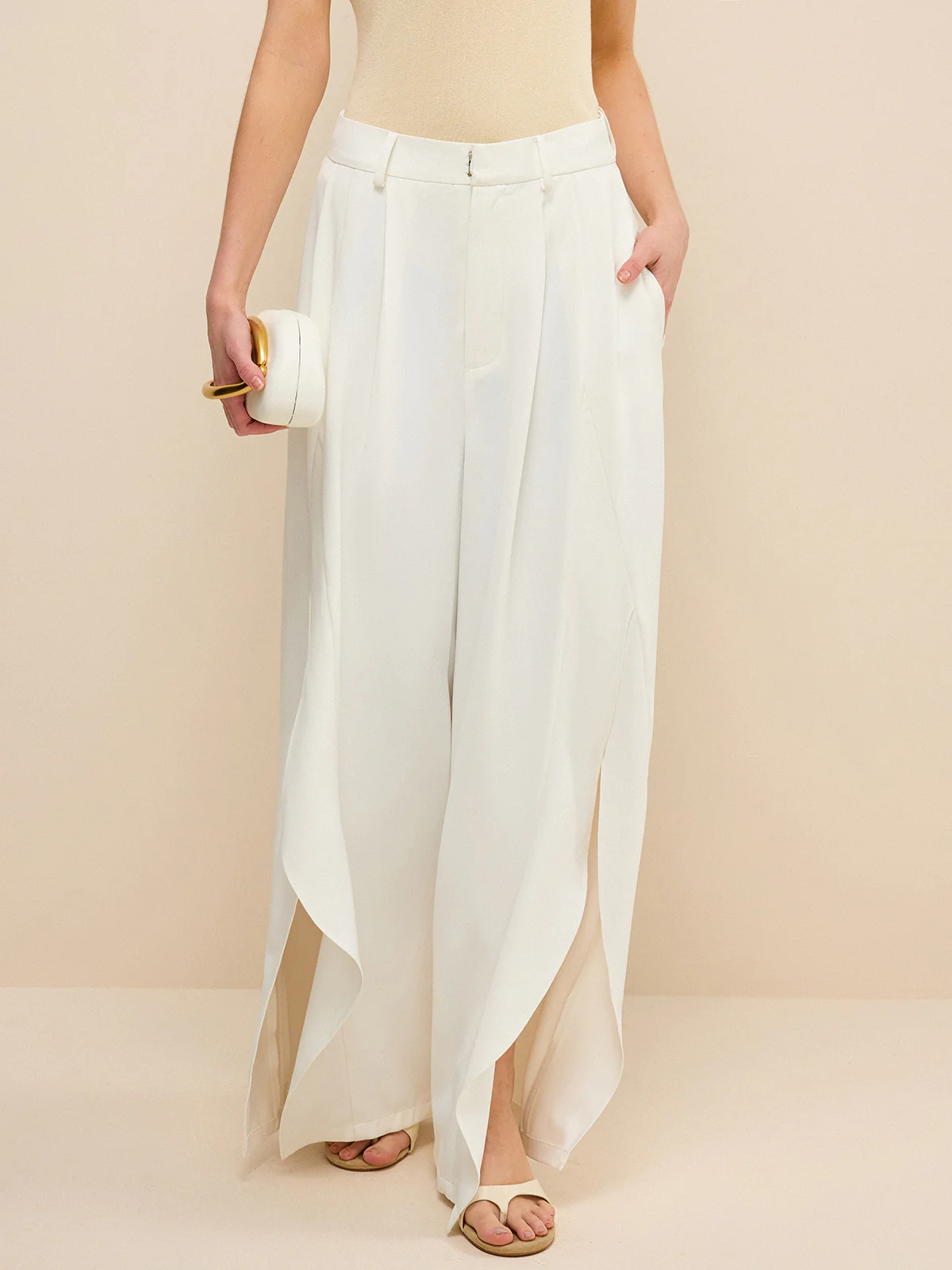 Mid-Waisted Wide-Leg Pants with Side Slits - Image 3