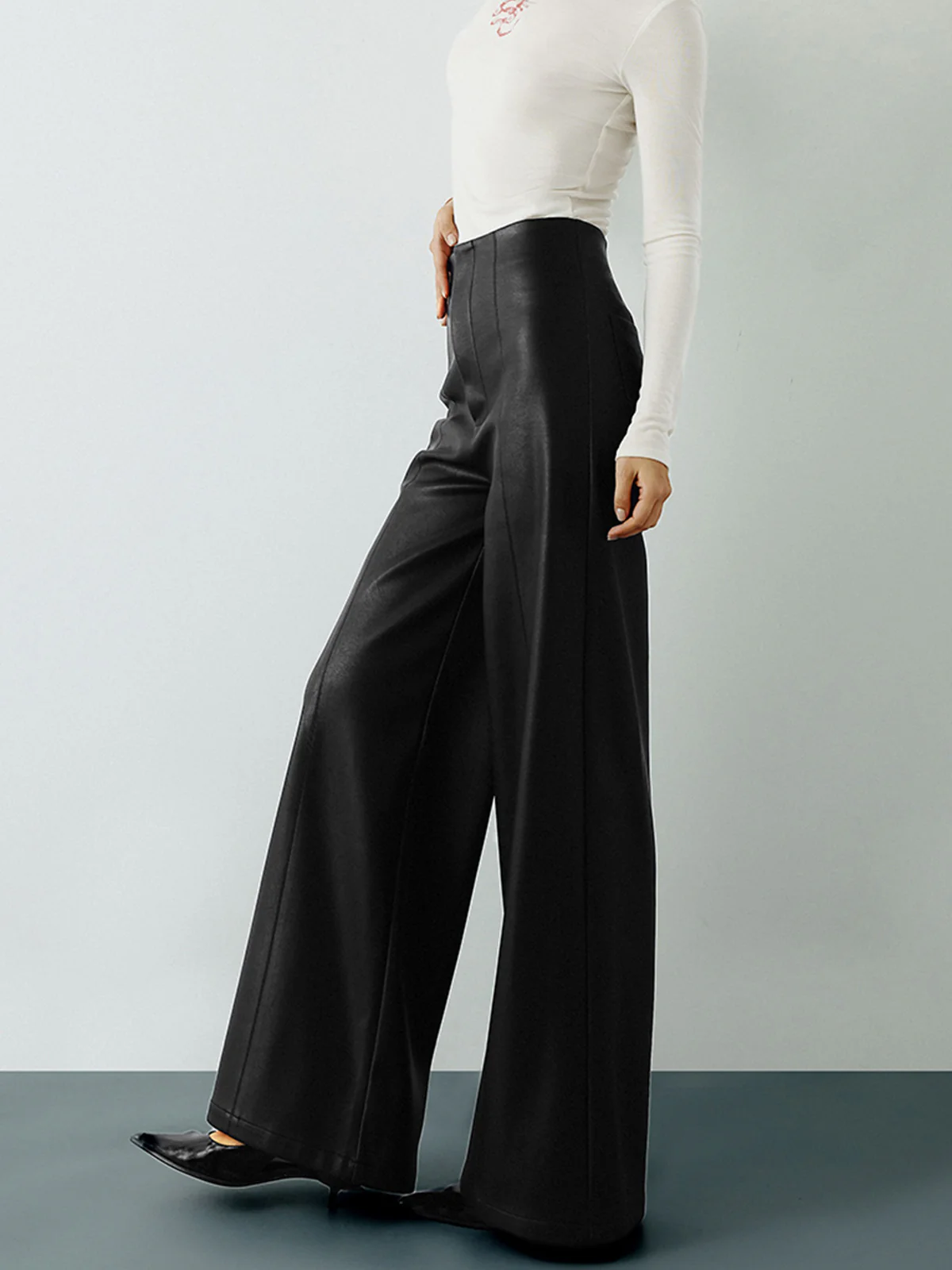 High-Wist PU Leather Wide-Leg Pants - Image 3