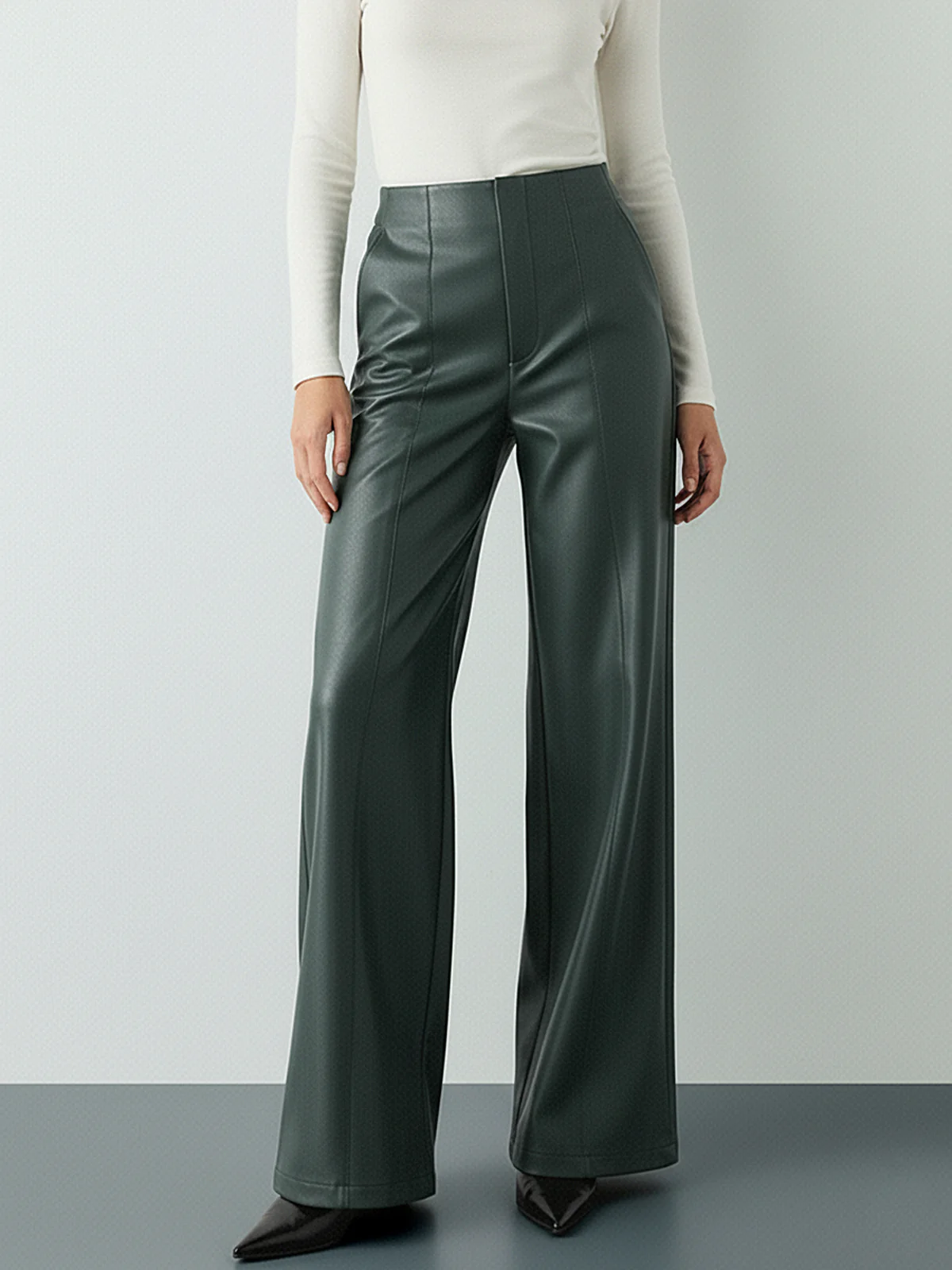 High-Wist PU Leather Wide-Leg Pants - Image 9
