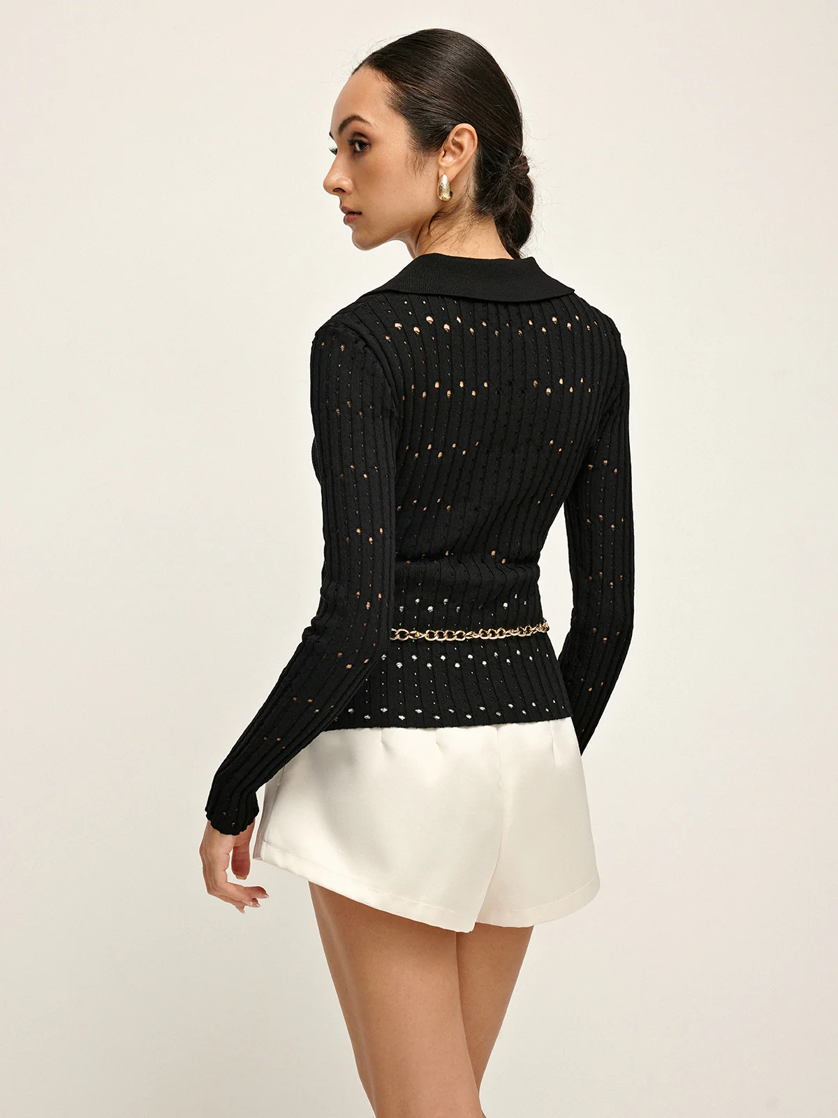Hollow Button Polo Sweater Without Belt - Image 2