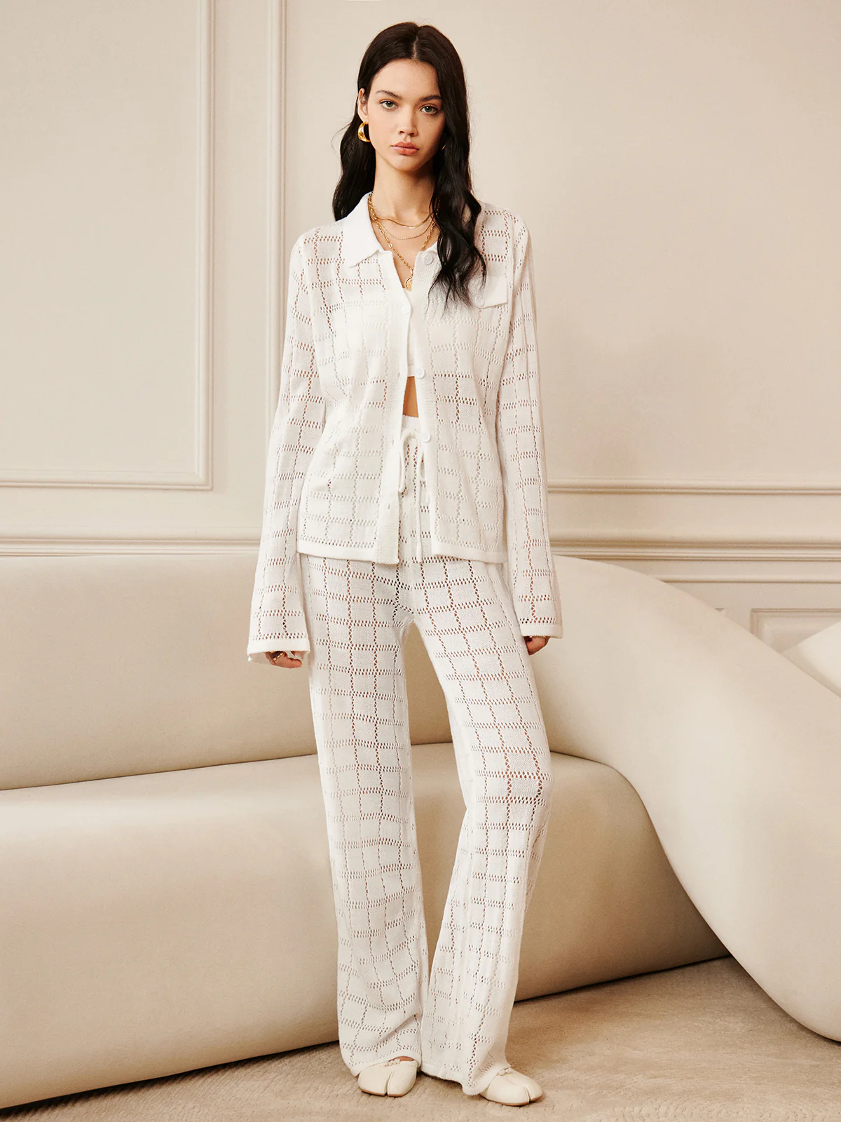 Hollow Plaid Drawstring Pants Set - Image 2