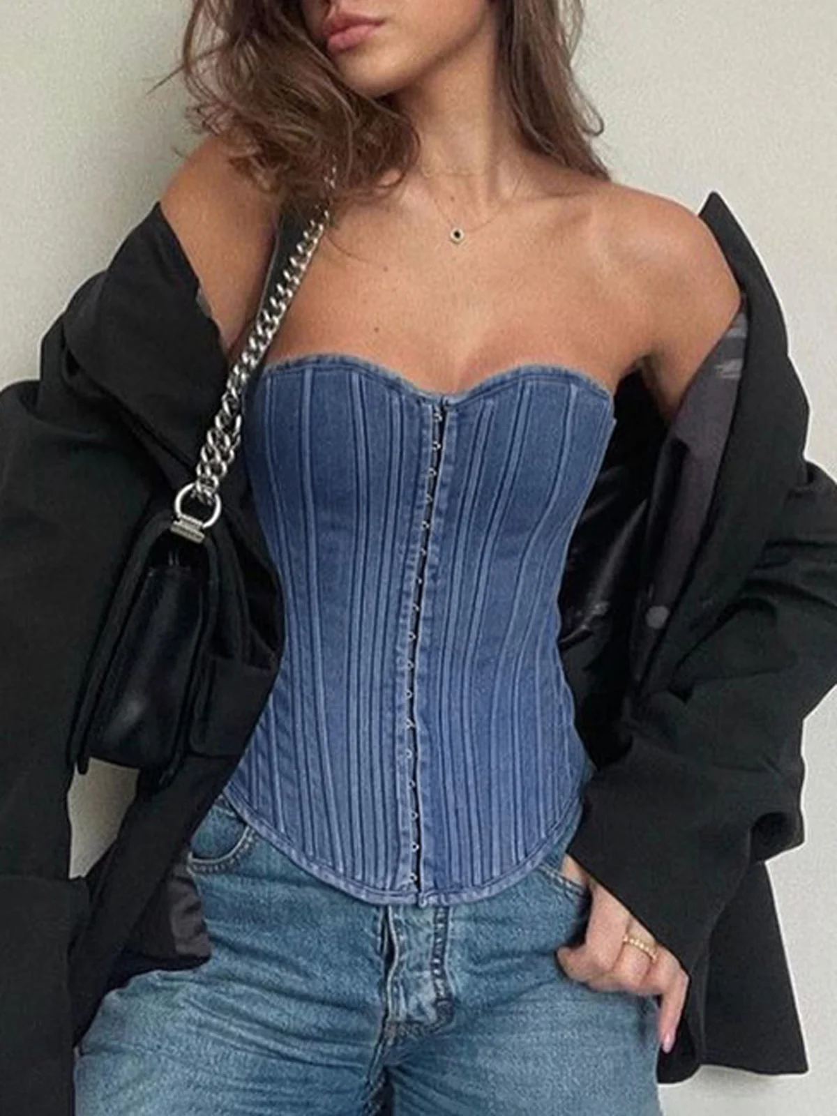Hook-and-Eye Tie Back Denim Corset Top - Image 3