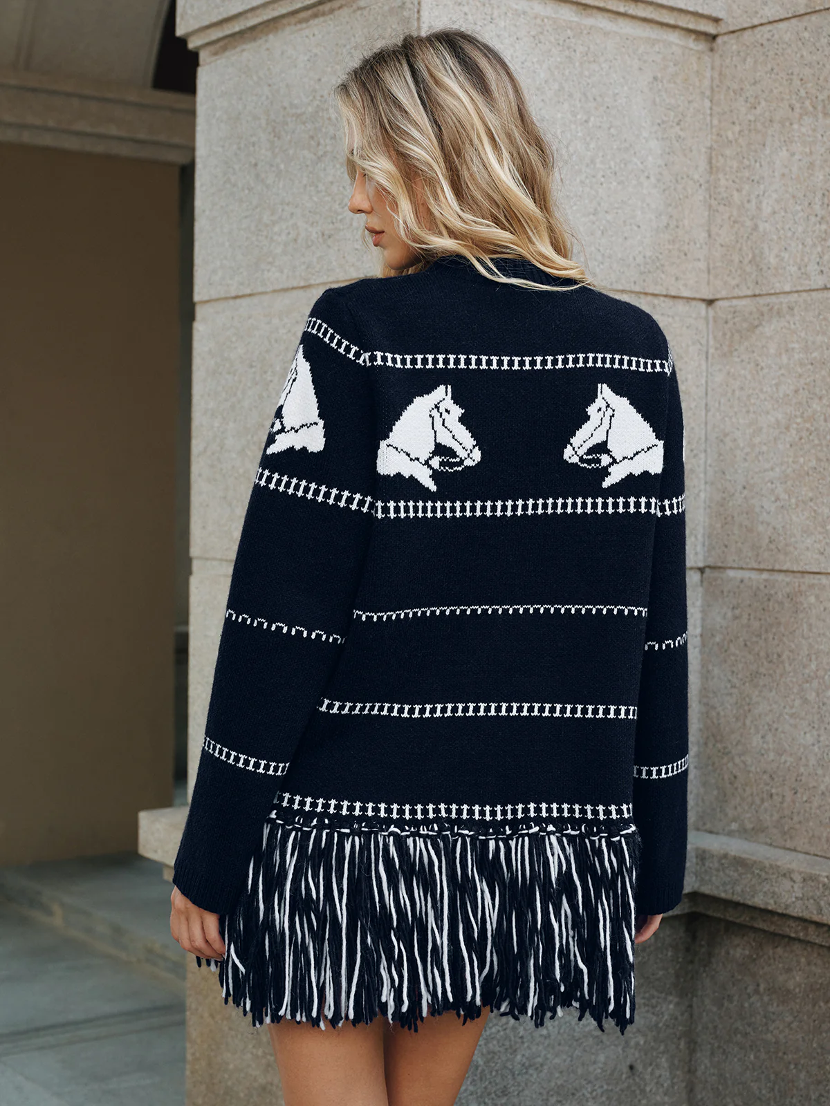 Horse-Pattern Wool Blend Fringe Cardigan - Image 5