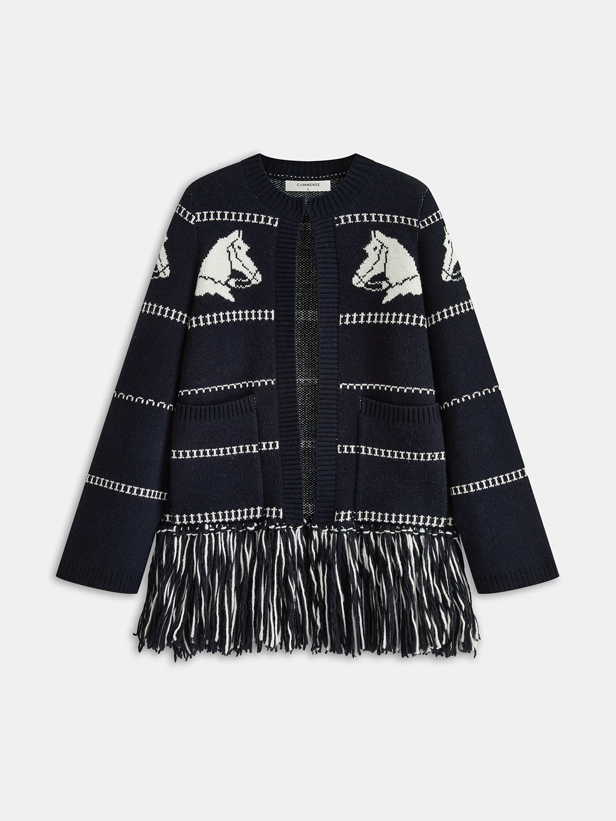 Horse-Pattern Wool Blend Fringe Cardigan - Image 7