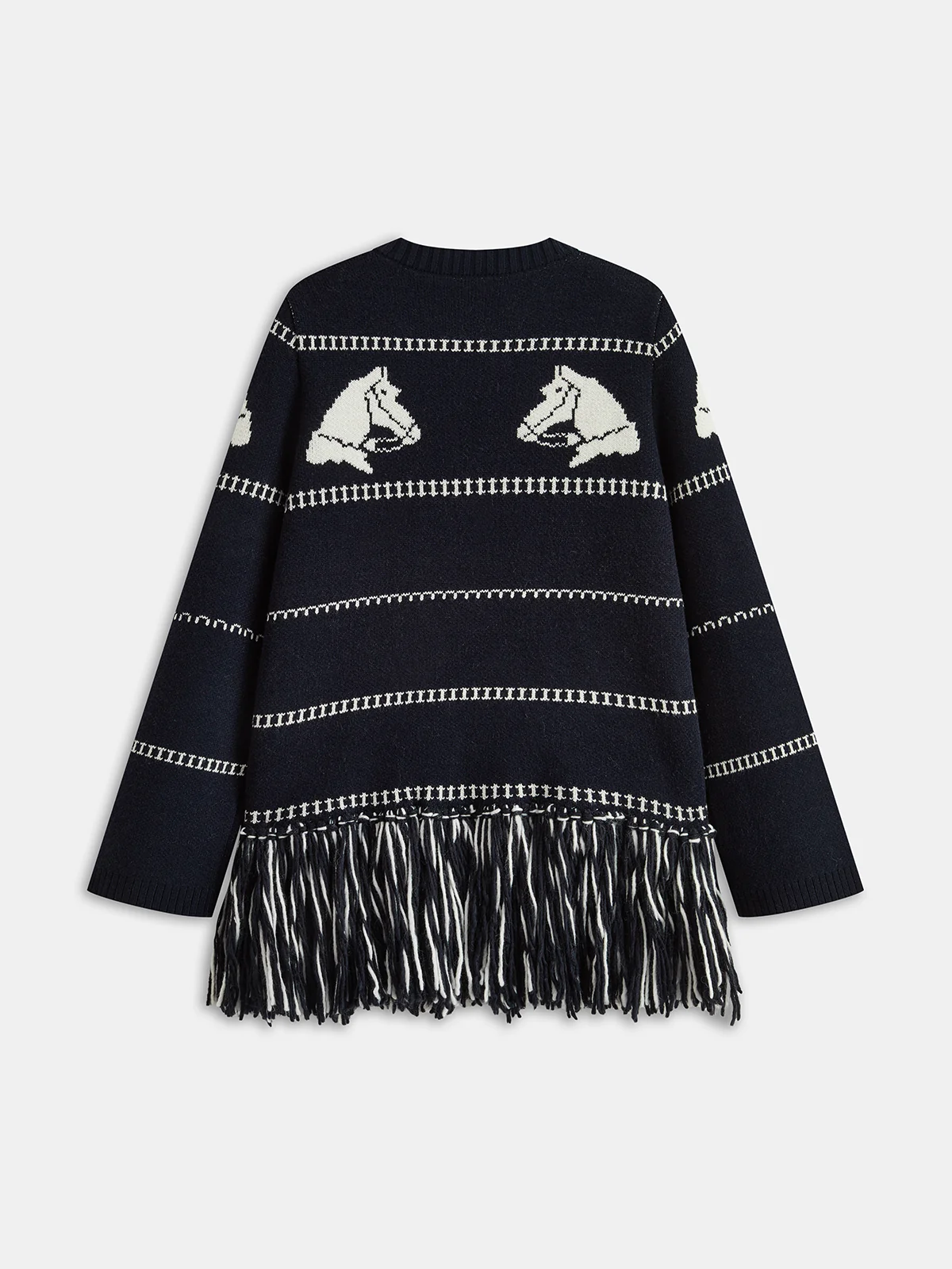 Horse-Pattern Wool Blend Fringe Cardigan - Image 8