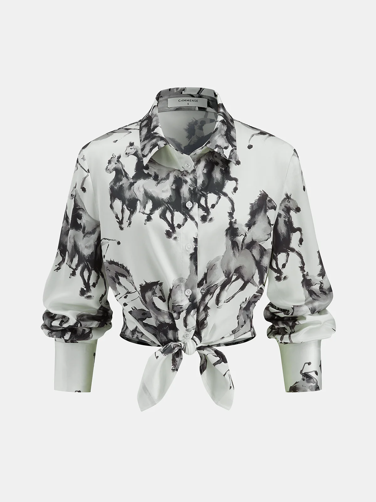 Horse Print Satin Knot-Front Long Sleeve Shirt - Image 2