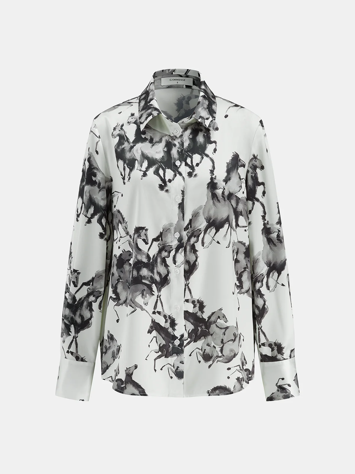 Horse Print Satin Knot-Front Long Sleeve Shirt - Image 3