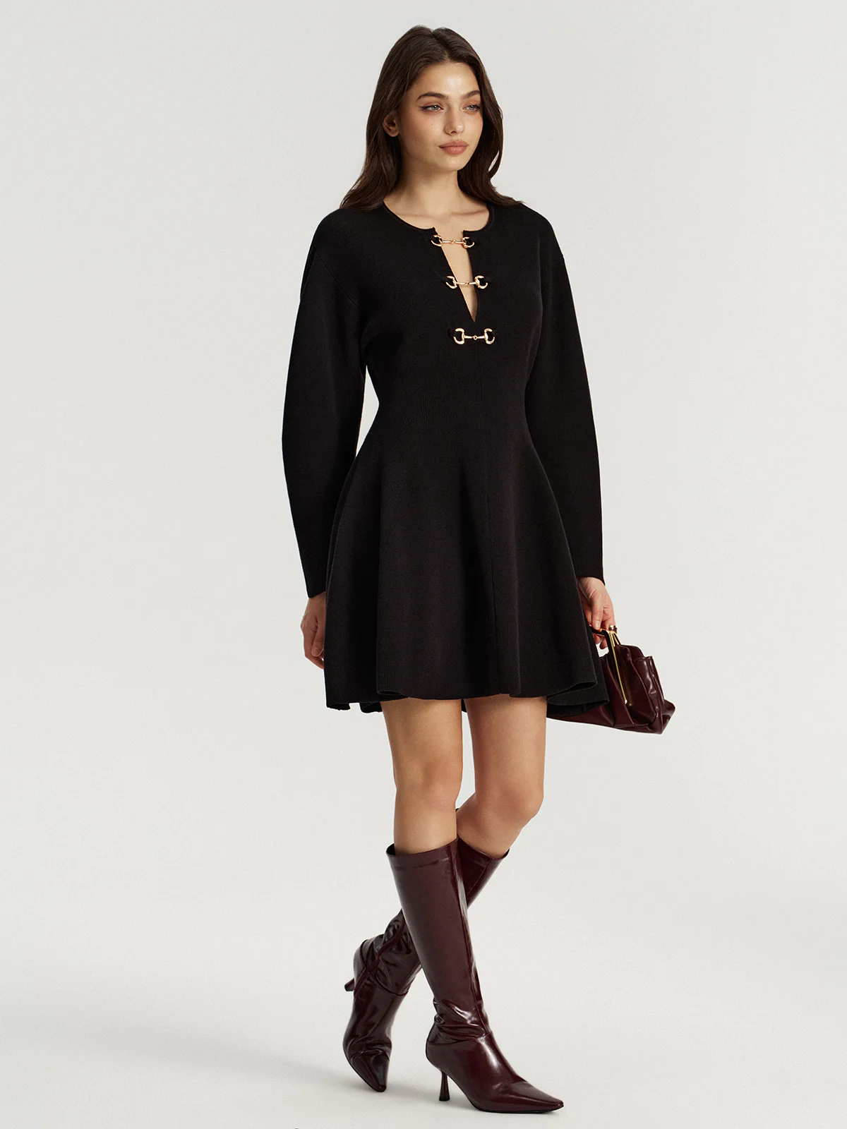 Horsebit Detail Knit Flared Dress - Image 3