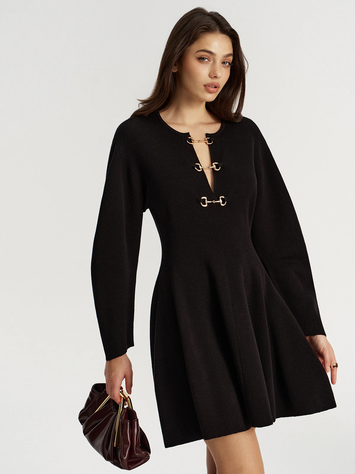 Horsebit Detail Knit Flared Dress - Image 7