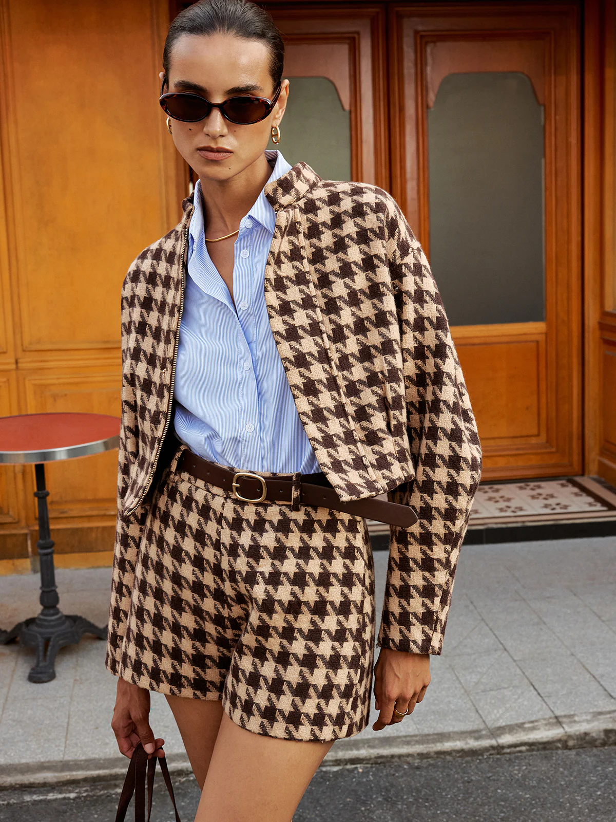 Houndstooth Belted High-Waist Shorts - Image 4