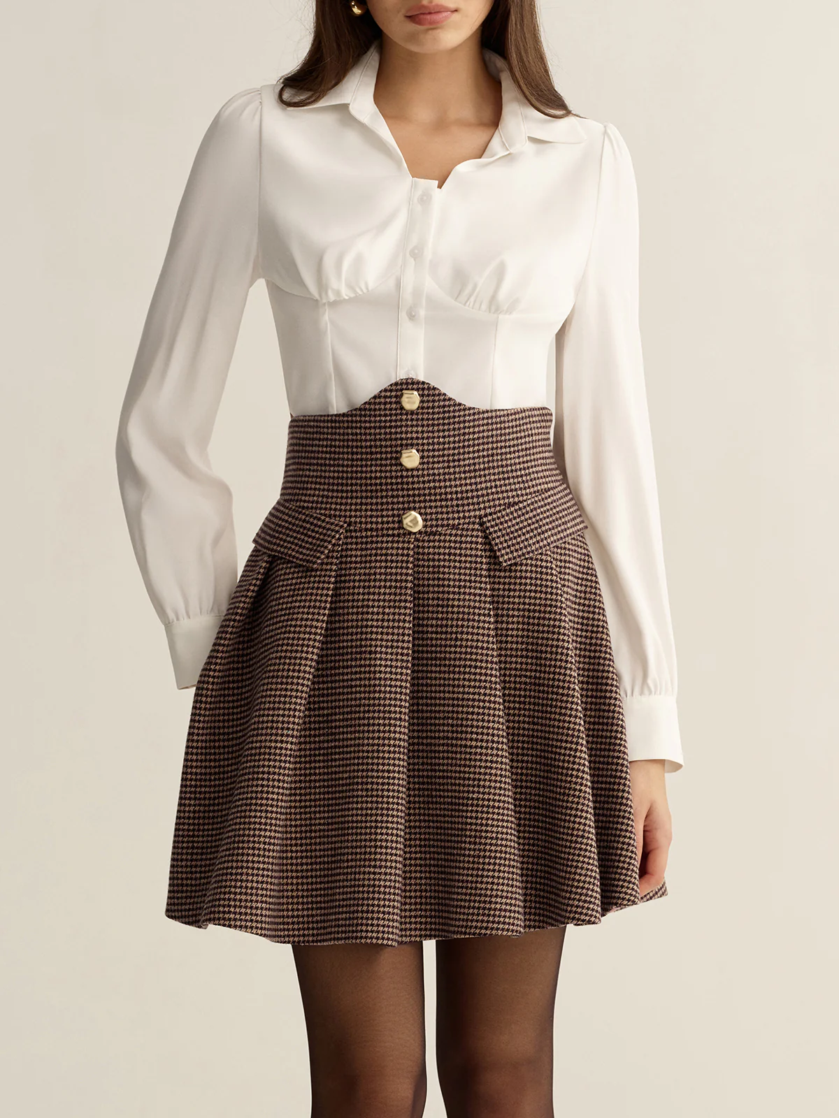 Houndstooth High-Waisted Pleated Mini Skirt - Image 5