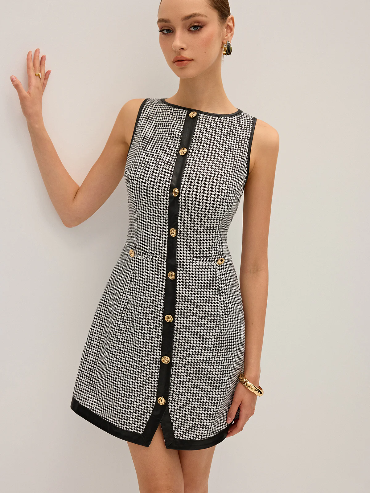 Houndstooth PU Leather Trim Mini Dress