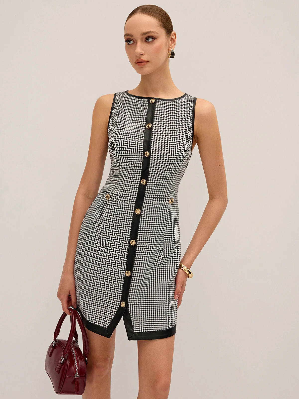 Houndstooth PU Leather Trim Mini Dress - Image 2