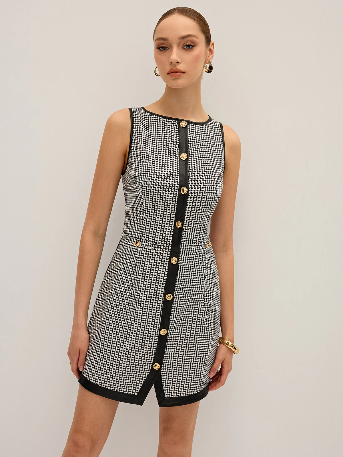 Houndstooth PU Leather Trim Mini Dress - Image 4