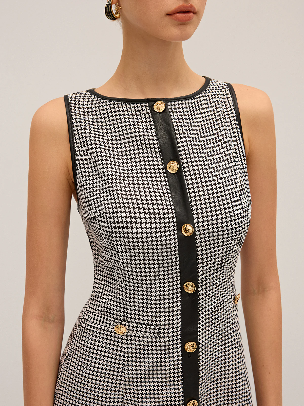 Houndstooth PU Leather Trim Mini Dress - Image 5