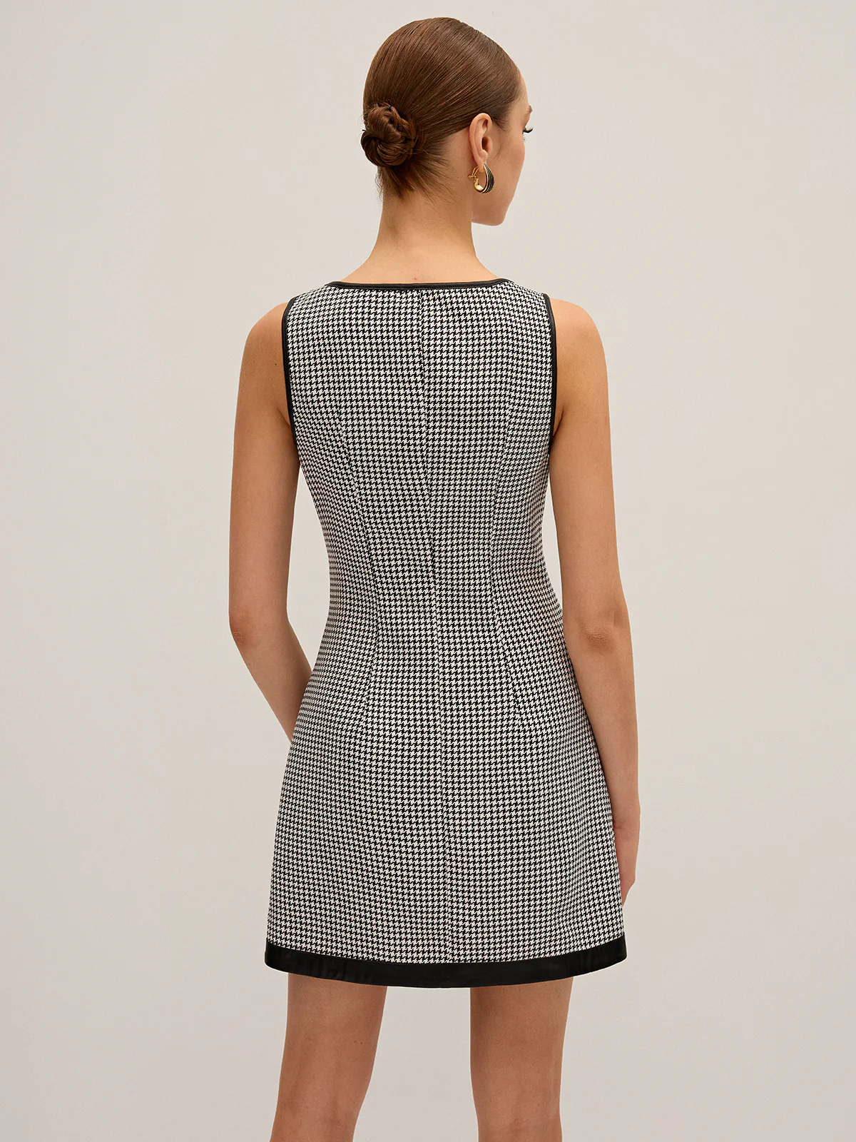 Houndstooth PU Leather Trim Mini Dress - Image 6