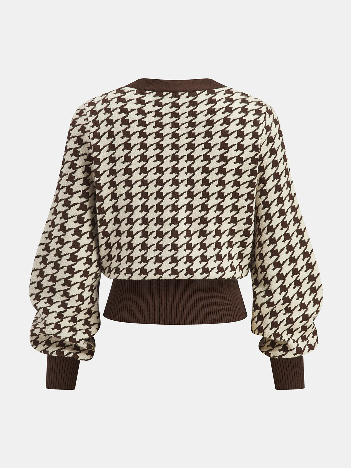 Houndstooth Puff-Sleeve Cropped Knit Cardigan - Image 2