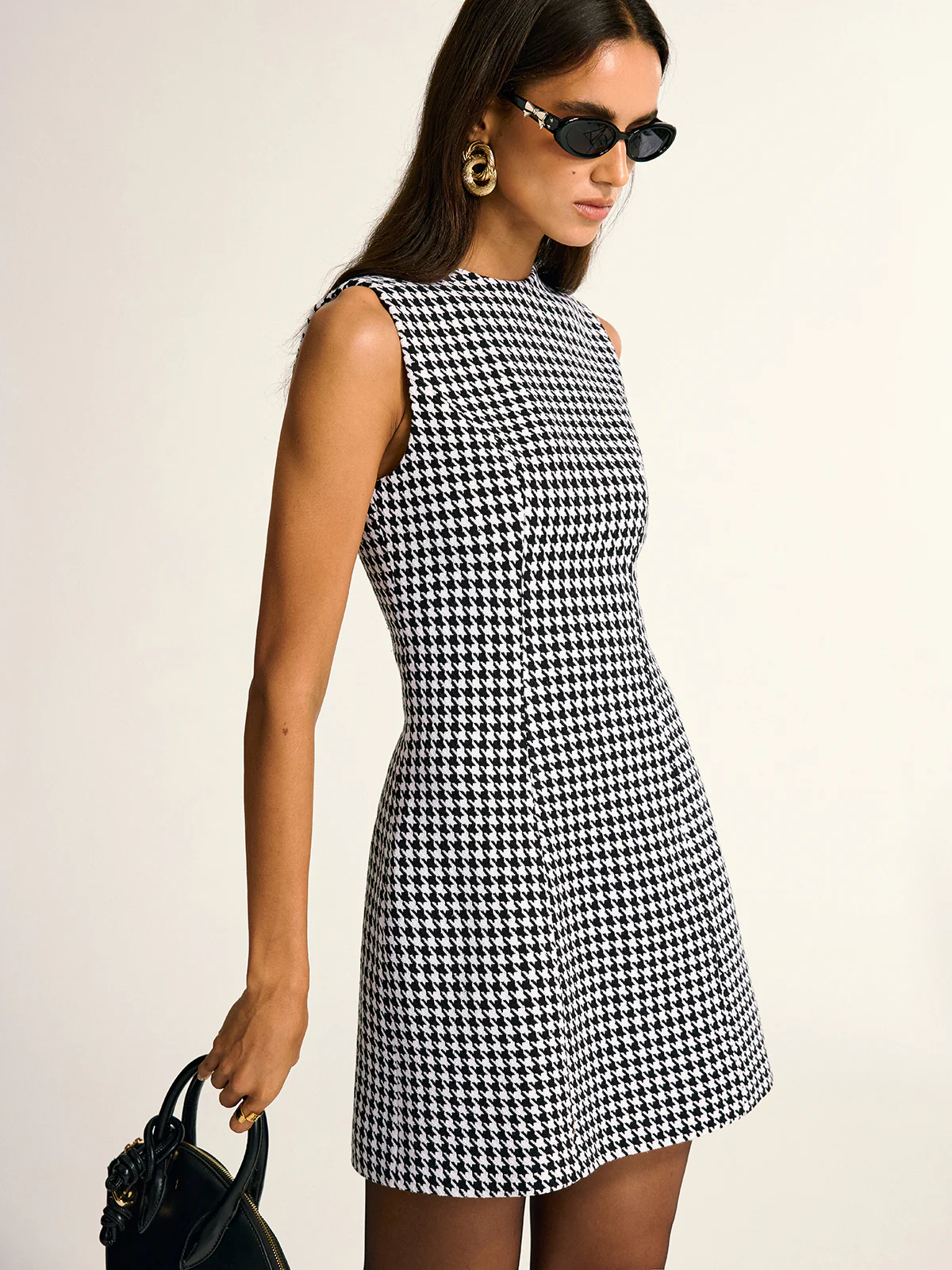 Houndstooth Sleeveless A-Line Mini Dress - Image 3