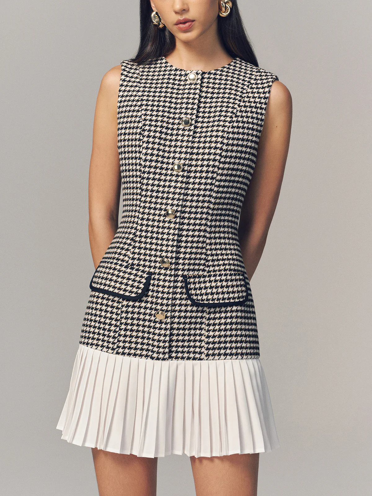 Houndstooth Sleeveless Pleated Hem Mini Dress - Image 3