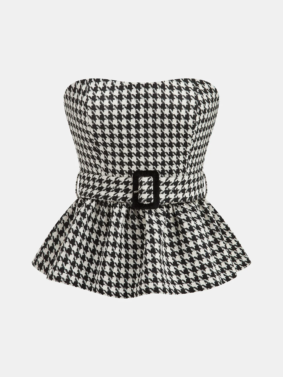 Houndstooth Strapless Belted Peplum Top