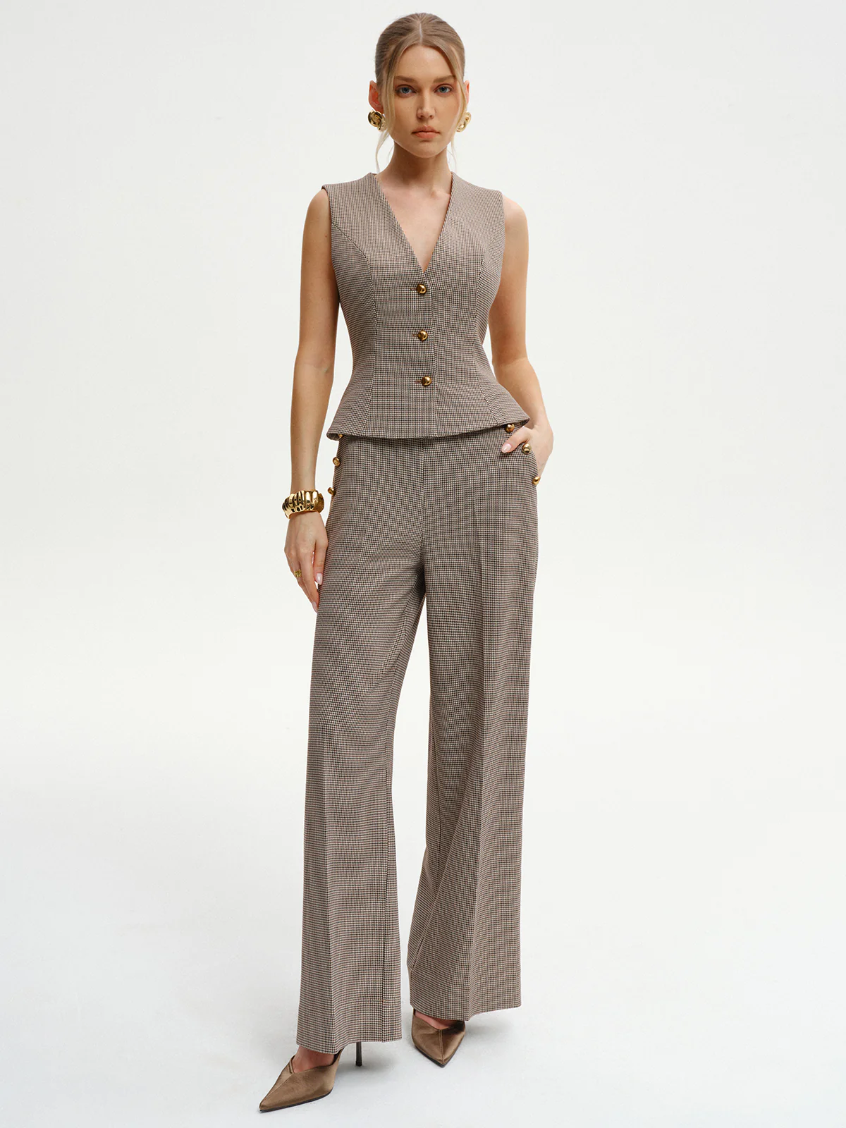 Houndstooth V-Neck Button Vest - Image 6