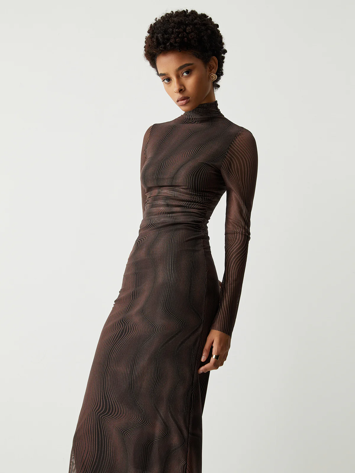 Illusion Tulle Print Mock Neck Mesh Midi Dress - Image 2