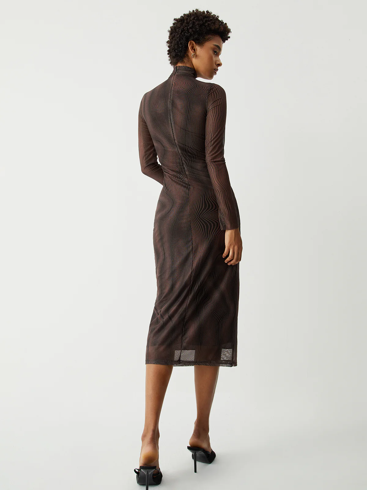 Illusion Tulle Print Mock Neck Mesh Midi Dress - Image 5