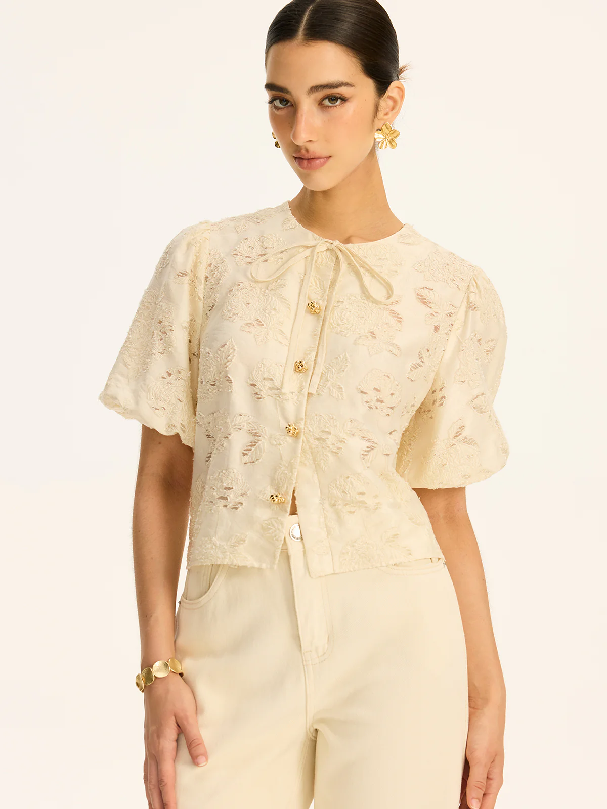 Semi-Sheer Jacquard Metal Button Cotton-Blend Top
