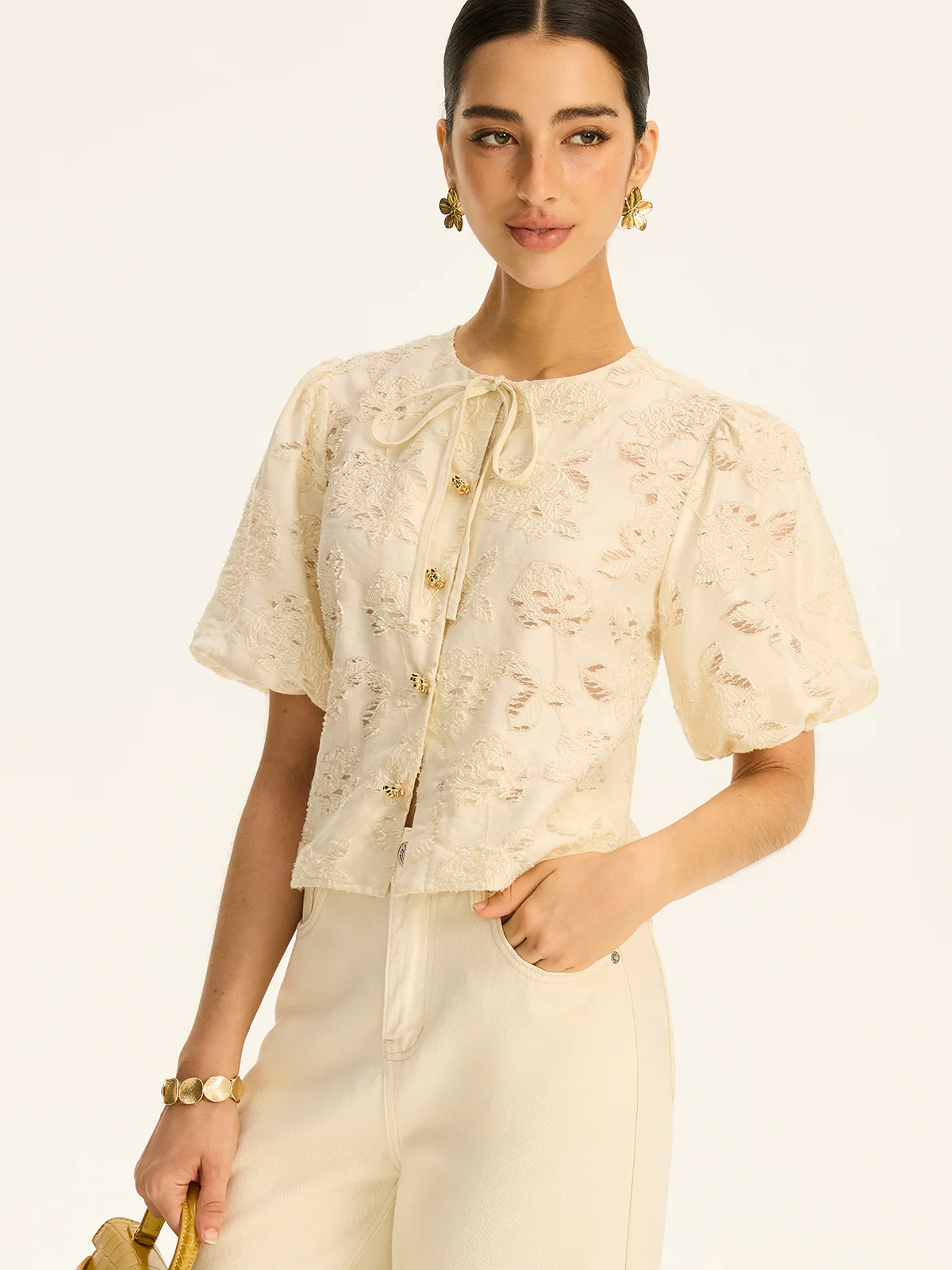 Semi-Sheer Jacquard Metal Button Cotton-Blend Top - Image 4