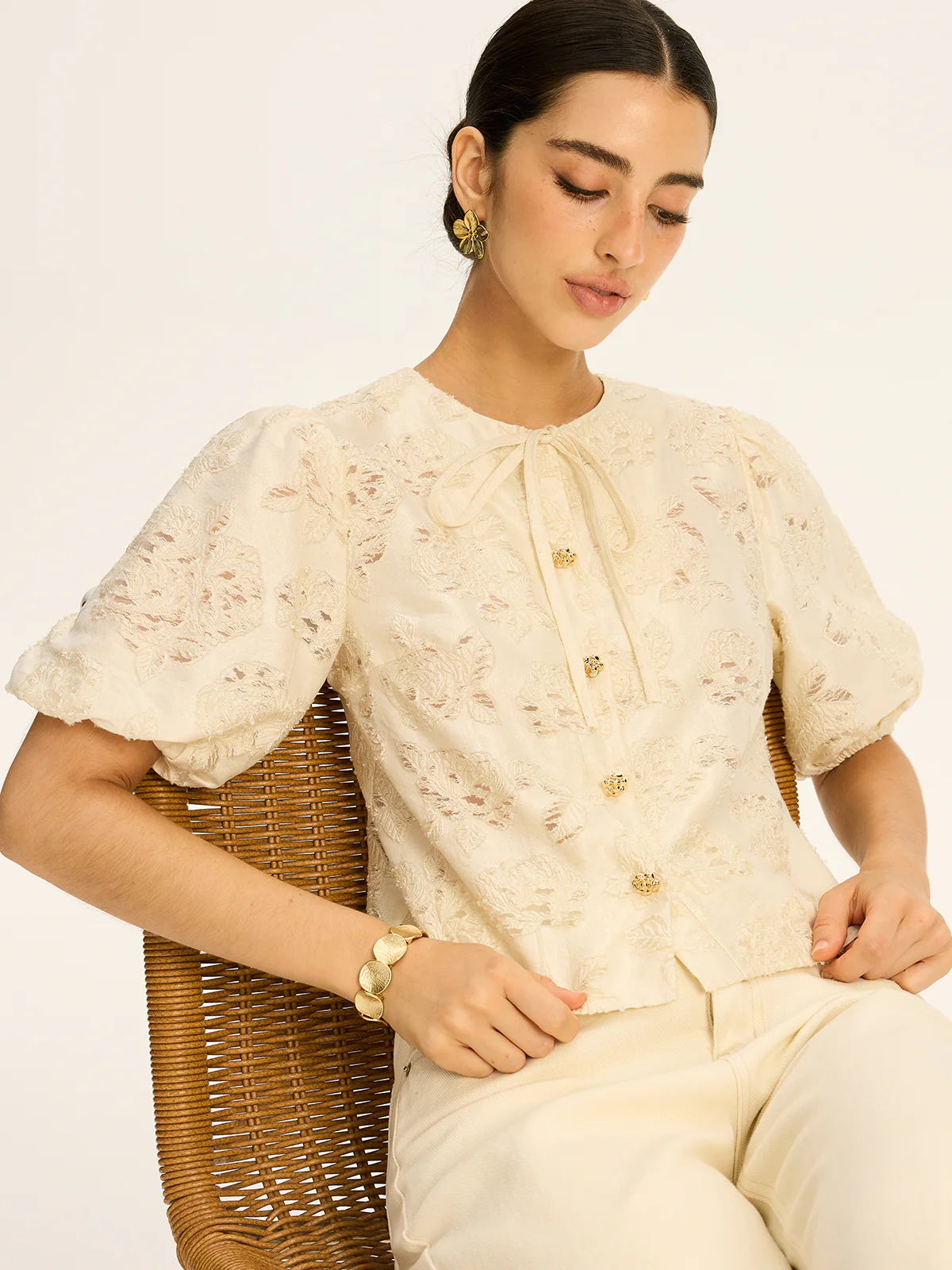 Semi-Sheer Jacquard Metal Button Cotton-Blend Top - Image 5