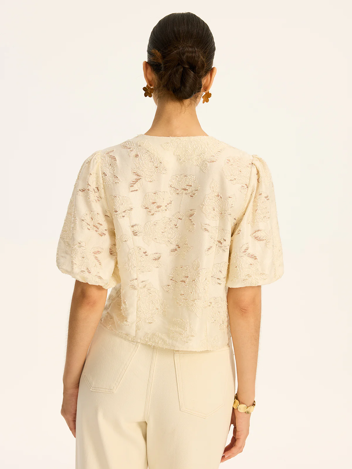Semi-Sheer Jacquard Metal Button Cotton-Blend Top - Image 6